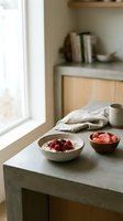 Minimalist breakfast setup with oatmeal bowl topped with berries, grapefruit slices in wooden bowl, ceramic mug, and linen cloth on concrete countertop near window with natural light.