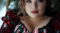 Young woman in vintage holiday dress with candy cane pattern and black lace trim gazes dreamily, wearing red lipstick and soft makeup against blurred festive background.