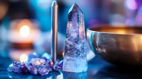 Crystal quartz point with amethyst clusters and singing bowl on blue mystical background with soft bokeh lights and healing energy atmosphere.