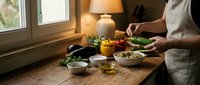Woman preparing fresh healthy meal with colorful vegetables on rustic wooden kitchen counter near sunny window for cooking and nutrition.