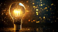 Glowing light bulb with digital circuit pattern and golden bokeh particles on dark background, symbolizing innovation and technological advancement.