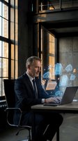 Mature Caucasian businessman working on laptop with digital cloud storage icons in modern industrial office space with large windows and concrete walls.