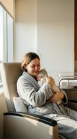 New mother in hospital robe holding newborn baby in maternity ward chair with natural sunlight streaming through window creating warm bonding moment.