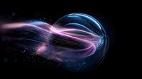 Glowing jellyfish with luminescent pink and blue tentacles floating in dark water surrounded by sparkling particles creating magical underwater atmosphere.