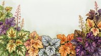 Colorful flowering plants with varied foliage arranged in decorative border frame, featuring purple, orange, and yellow blooms with green leaves on white background for design projects.