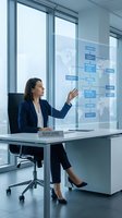 Professional businesswoman interacting with holographic interface displaying global network data in modern office environment for corporate presentations.