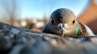 Close-up portrait of curious pigeon with bright orange eyes and iridescent neck feathers peeking over textured surface, showing detailed beak and facial features in soft focus.