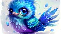 Magical blue and purple fantasy bird with large sparkling eyes and glowing feathers against light background. For fairy tale illustrations and children designs.