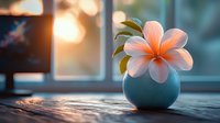 Delicate pink plumeria flower in turquoise ceramic vase on wooden surface at sunset, with soft bokeh background and window silhouette creating peaceful ambiance.