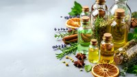 Natural essential oils in glass bottles with fresh herbs, dried citrus, cinnamon sticks and aromatic spices for aromatherapy and wellness treatments.