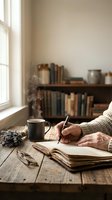 Elderly person writing in a journal at a rustic wooden desk with steaming coffee, dried lavender, and vintage books in warm natural light.