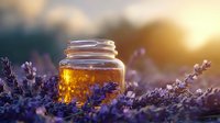 Glass jar of golden honey among blooming lavender flowers at sunset, warm sunlight creating magical atmosphere in purple field.