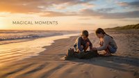 Father and son building sandcastle together on beach during golden hour sunset creating precious family bonding memories on summer vacation.