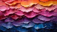 Colorful flower petals with water drops in rainbow gradient from orange to blue creating abstract layered background with fresh morning dew effect.