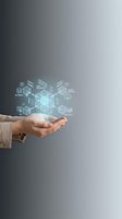 Businessman hand presenting holographic digital technology icons with database, cloud computing and analytics symbols for modern business solutions.