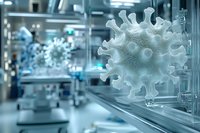 Microscopic view of coronavirus cell structure in laboratory environment with blurred medical equipment background, scientific research concept.