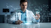 Young Caucasian male doctor in white coat analyzing holographic medical data and digital health charts in futuristic healthcare technology environment.