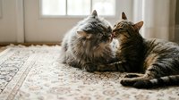 Two tabby cats resting together on a patterned rug near a bright window, showing affection and companionship in a cozy home interior setting.