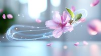 Magical pink cherry blossom floating with glowing light trails and falling petals on soft blue background, creating dreamy spring atmosphere.