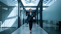 Professional businessman walking confidently through modern glass office corridor with natural lighting and contemporary architecture for corporate concepts.