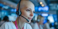 Young woman with shaved head wearing headset in customer service role at modern office environment with blurred blue background.