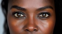 Close up portrait of young African American woman with flawless dark skin, brown eyes and natural makeup looking directly at camera with confident expression.