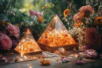 Glowing citrine pyramids surrounded by pink roses and delicate wildflowers in mystical garden setting, creating magical atmosphere for spiritual and wellness concepts.