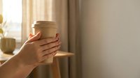 Woman hands holding eco-friendly bamboo fiber coffee cup in warm morning sunlight at home for sustainable lifestyle and zero waste living.