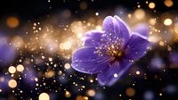 Purple flower with golden bokeh lights and sparkling particles creating magical atmosphere for spring nature backgrounds and floral designs.