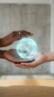 Hands protecting glowing energy sphere symbolizing innovation, sustainability, environmental protection, and future technology concepts.