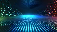 Futuristic digital grid landscape with glowing blue light and colorful particle dots creating perspective depth for technology backgrounds.