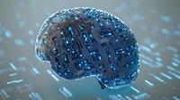 Digital brain with glowing circuit patterns floating over technological background, representing artificial intelligence and machine learning advancement in modern computing.