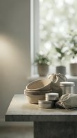 Sustainable bamboo dinnerware set with plates bowls and storage containers on concrete counter in modern kitchen with natural lighting and plants.