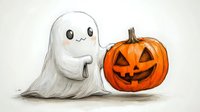 Cute cartoon ghost with rosy cheeks floating next to carved orange jack o lantern pumpkin with happy face in watercolor style on light background. Halloween festive illustration.