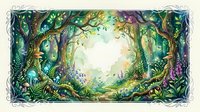 Enchanted forest clearing with mystical trees, vines and magical light creating fantasy woodland scene for fairy tale storytelling and nature artwork.