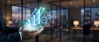 Businessman holding holographic global growth chart with rising bar graph and world map in modern office environment for financial technology presentations.