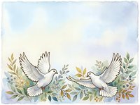 Two white doves with olive branches surrounded by watercolor foliage in soft pastels. Isolated on transparent background, ready for wedding invitations, peace campaigns, and greeting card designs.
