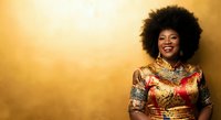 Smiling woman with afro hairstyle wearing sequined gold and red top against warm yellow background, expressing joy and confidence for lifestyle and fashion content.