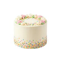 Elegant celebration cake with cream frosting, pink fondant roses, green leaves, and colorful sprinkles around base. Perfect for birthdays, weddings, and festive occasions.