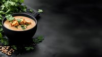 Creamy soup with croutons and fresh herbs in black ceramic bowl on dark background with scattered chickpeas and parsley, food photography with copy space.