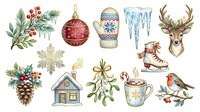 Festive holiday clipart collection featuring isolated winter and Christmas elements including evergreen branches, ornaments, mittens, icicles, deer head, pinecone, gingerbread house, mistletoe, teacup, and robin bird on white background ready for design projects.