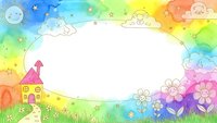Colorful watercolor rainbow frame with cute clouds, flowers, house and stars creating whimsical border for children content with white copy space center.