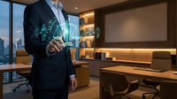 Professional businessman in dark suit holding holographic digital network interface in modern office conference room with city skyline view at dusk.