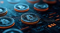Physical cryptocurrency coins with bitcoin symbol scattered on circuit board background with glowing orange and blue tech elements. Digital finance concept.