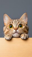 Curious tabby cat with bright yellow eyes peeping over wooden surface against gray background, paws visible, showing playful and attentive expression.