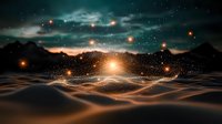 Mystical desert landscape at night with glowing particles and lights floating above sandy dunes, dramatic dark sky with stars and ethereal atmosphere.