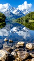 Majestic snow-capped mountain peaks reflecting in crystal clear alpine lake water, with rocky shore in foreground and green forest slopes under blue summer sky.