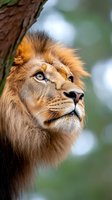 Majestic male lion portrait with golden mane looking upward in natural habitat. Powerful big cat close-up showcasing regal expression and wild beauty.