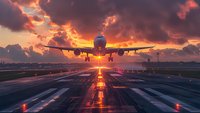 Commercial passenger aircraft landing at sunset with dramatic orange sky and sun rays shining through clouds, perfect for aviation, travel and transportation industry designs.