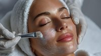 Professional skincare treatment with facial mask application by cosmetologist using brush on relaxed woman client in spa salon for anti-aging beauty therapy.